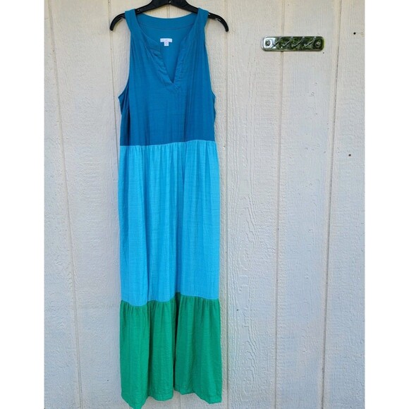 J. Jill Maxi Dress Sz Large Tall Sleeveless  Color Block Blu/grn Pockets Beachy - Picture 2 of 6